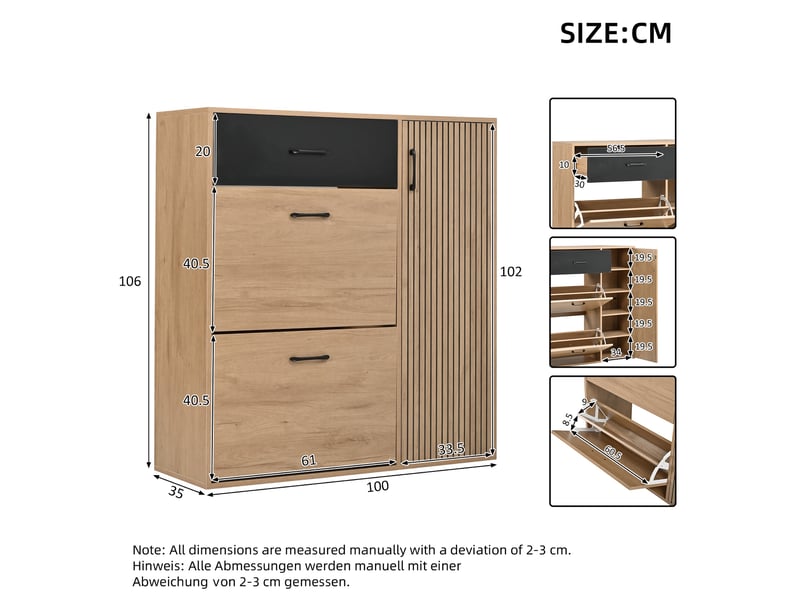  Meuble à chaussures - 100x35x106cm - 2 portes abattantes, 1 tiroir &amp; 1 placard latéral en mdf - bois &amp; noir  - Conforama E