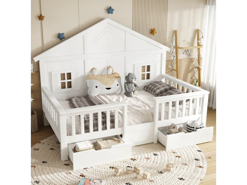  Lit enfant en bois blanc 90 x 200 cm, toit et fenêtres, 2 grands tiroirs à roulettes, sommier à lattes, pin+mdf+contreplaqué, finition laquée  - Conforama R
