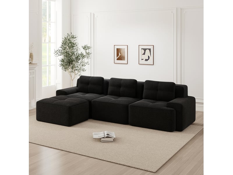  Canapé modulable d'angle 3 places avec ottoman en velours côtelé noir - 293 x 177 x 69 cm  - Conforama C
