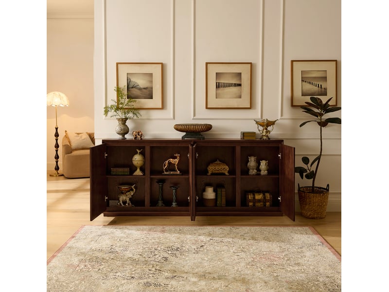  Buffet et enfilade avec 2 portes rainurées en v, 2 ouvertures pour prises, pour salon, en bois et mdf, noyer foncé  - Conforama D