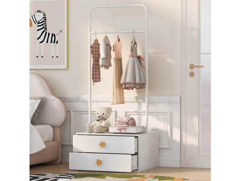  Armoire enfant modenvie 140 x 55 x 170 cm blanche avec penderie, 2 tiroirs et portes doubles  - Conforama E