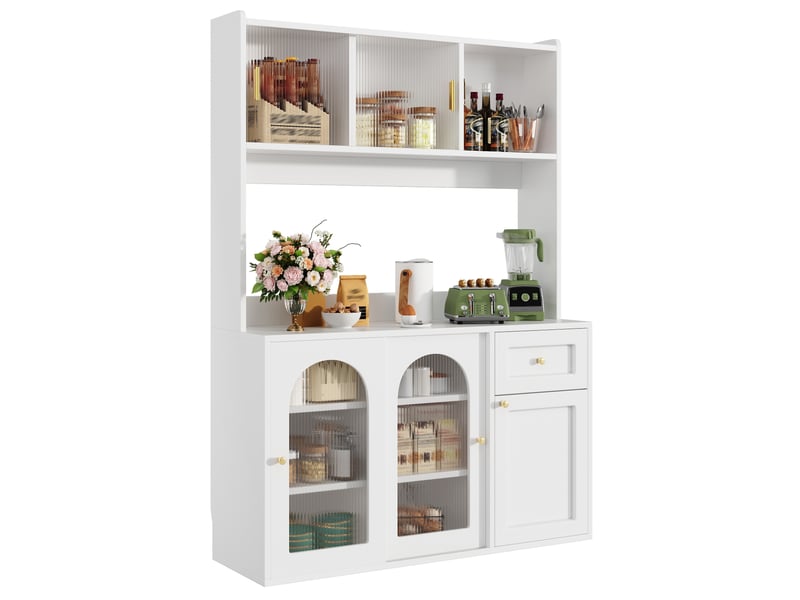  Buffet de cuisine blanc 120cm, vaisselier avec éclairage led et portes en verre (sans matelas).  - Conforama A