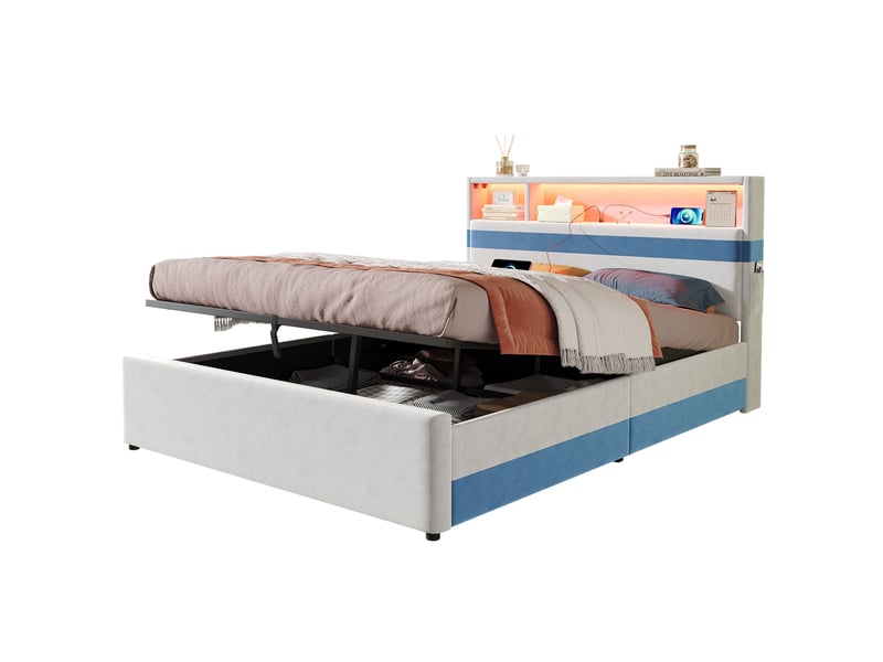  Lit coffre double 140x200 cm, rangement hydraulique, tête de lit led usb, velours blanc et bleu, sans matelas  - Conforama A