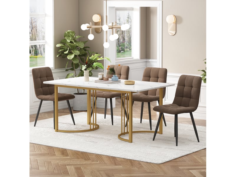  Ensemble table et 4 chaises 140x80x75 cm effet marbre blanc et velours marron  - Conforama B