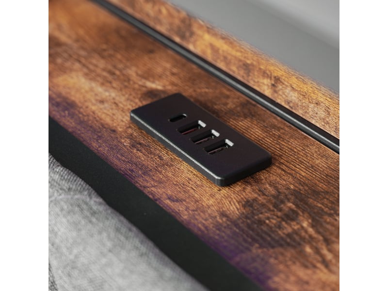 Lit coffre 90x200 avec tête de lit rangement, led télécommande, usb type-c, tiroirs roulettes et sommier métal gris lin - Conforama R