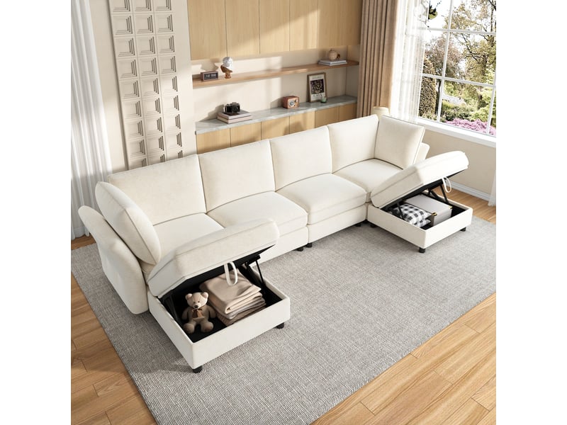 Canapé d’angle modulable ul 6 places 289 x 137 x 84 cm, 2 poufs coffres, tissu chenille, assise moelleuse - beige - Conforama B