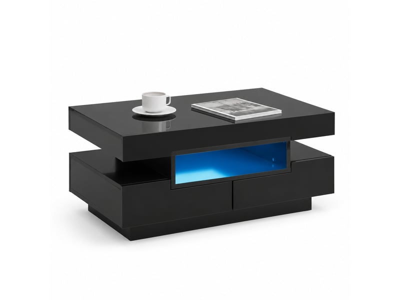  Table basse brillante avec 4 tiroirs et 3 niches, led réglable, pour salon, noir, 80×50×36 cm  - Conforama A