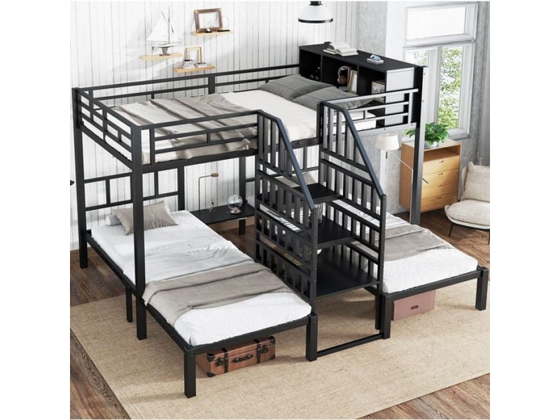  Lit superposé pour enfant 3 places noir structure métal robuste, escalier confortable à rampe, 90x200cm +140x200cm  - Conforama D