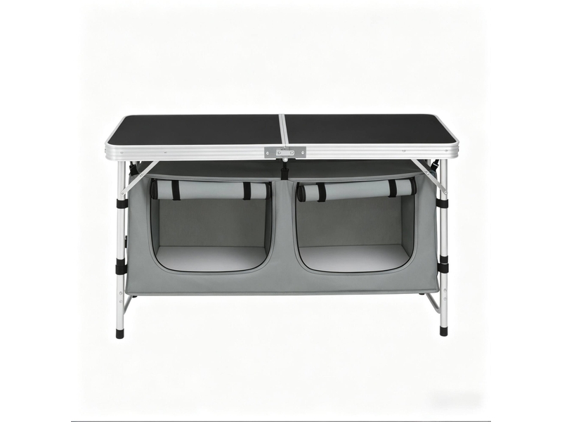  Table de jardin bistrot pliante avec sac suspendu et pieds réglables pour camping, en aluminium et mdf, noir et gris  - Conforama A