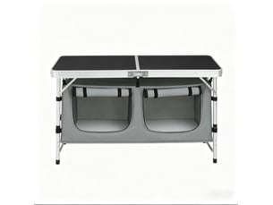 Table de jardin bistrot pliante avec sac suspendu et pieds réglables pour camping, en aluminium et mdf, noir et gris