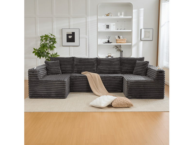  Canapé modulable en u modenvie 6 places gris foncé en velours côtelé avec porte-gobelets et poches latérales 320 x 155 x 88 cm  - Conforama D