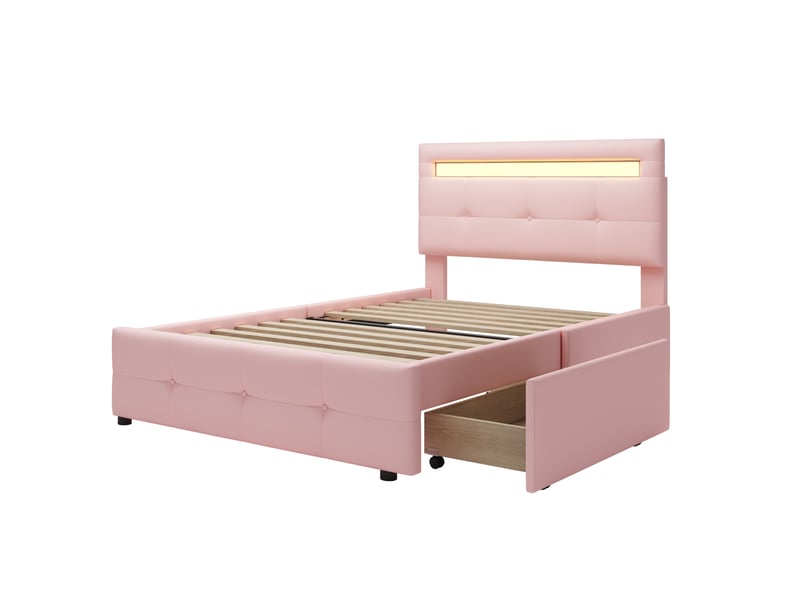 Lit simple 90x200 cm avec led et 2 tiroirs, revêtement en lin rose - Conforama A