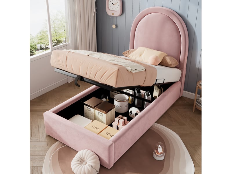  Lit enfant coffre 90x200 cm en velours rose avec sommier à lattes  - Conforama D