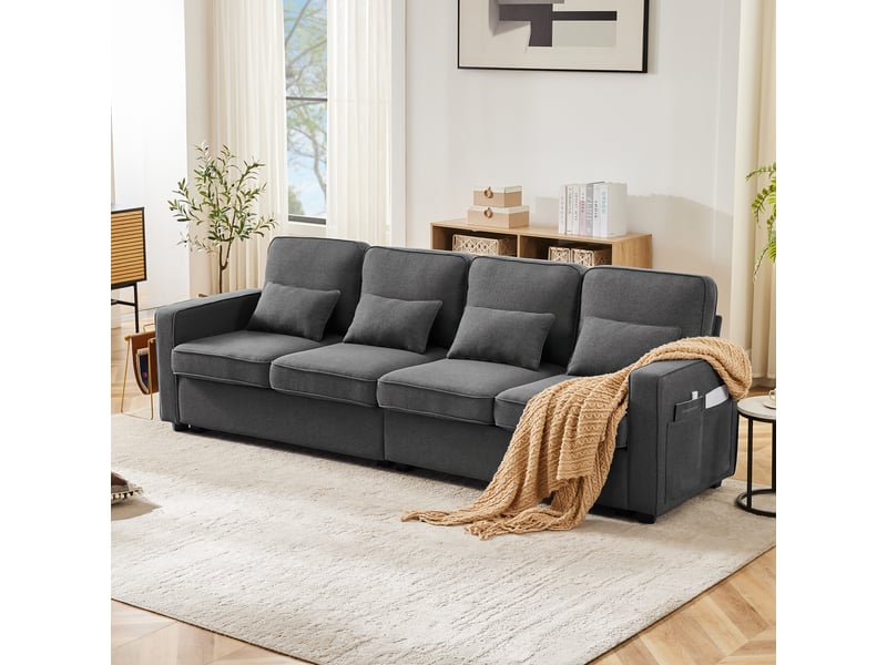  Canapé droit 4 places 264x83x87 cm en tissu effet lin avec accoudoirs de rangement et 4 coussins, canapé salon moderne - gris foncé  - Conforama E