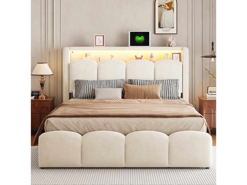  Lit coffre rembourré 140x200 cm, rangement hydraulique et tête de lit coffre, led, usb et type-c, design pétales, velours beige Radiant Stride - Conforama D
