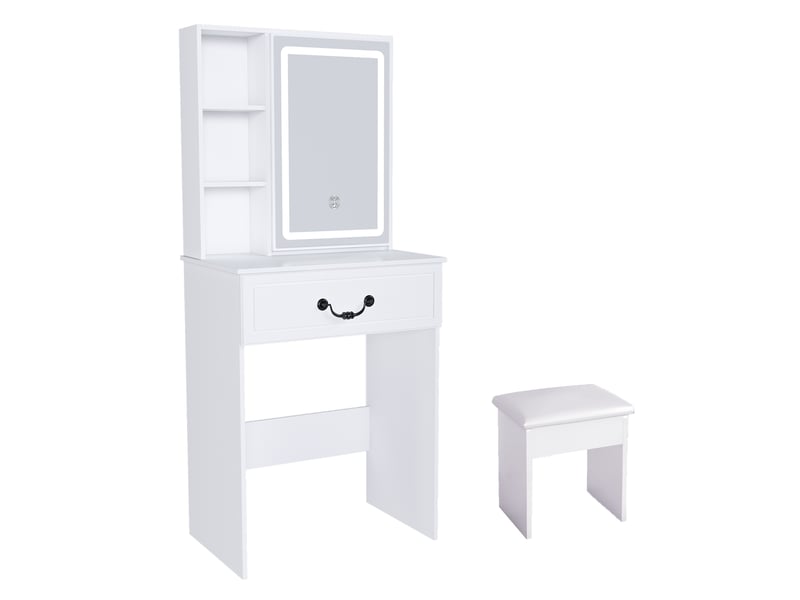  Coiffeuse 60x36x131,5 cm, miroir led et tabouret, table de maquillage compacte, meuble chambre, rangement, mdf blanc  - Conforama A