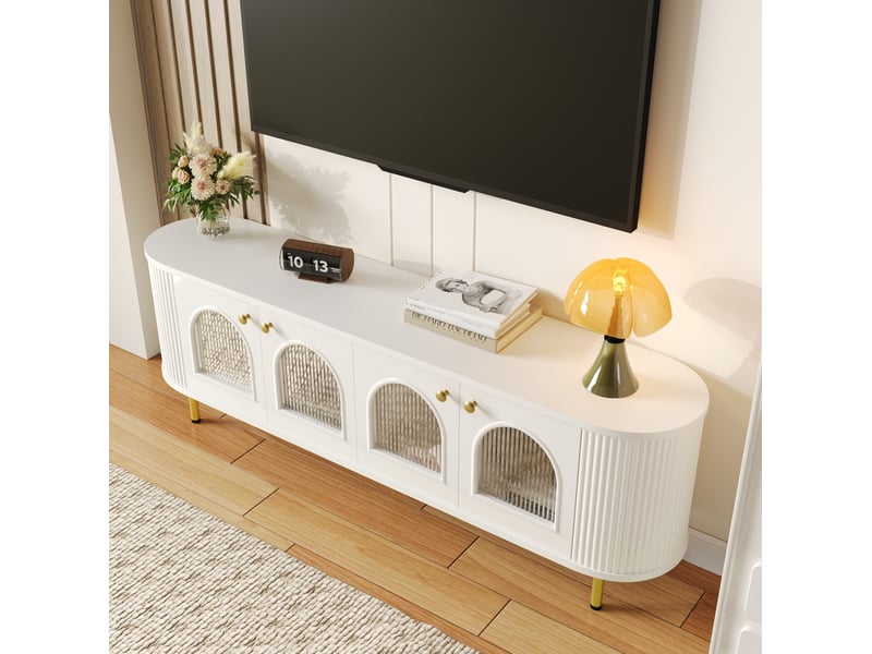  Meuble tv 170 x 35 x 55 cm à 4 portes vitrées, mdf blanc et doré avec passe-câbles  - Conforama E