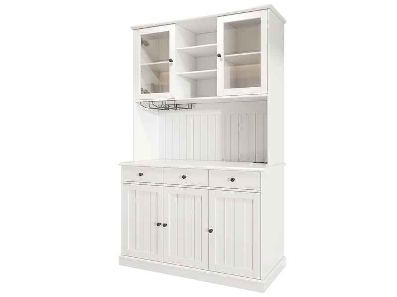  Buffet haut blanc avec portes vitrées, porte-verres, rangement, prises usb-cusb-a, poignées noires 120x40x191 cm  - Conforama D