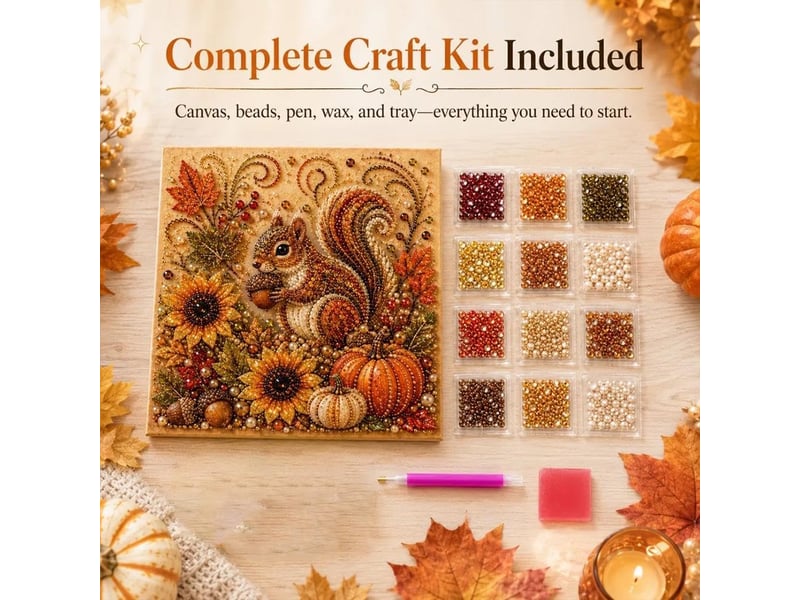  Kit de peinture perles automnal avec cadre – art diamant écureuil, perles et strass, pour adultes et débutants  - Conforama C