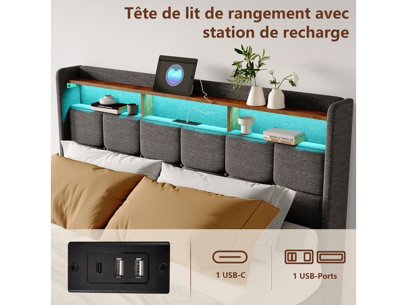  Lit double rembourré 160x200 cm avec éclairage led, lit 2 place avec 4 tiroirs et usb, sommier à lattes en bois  - Conforama R