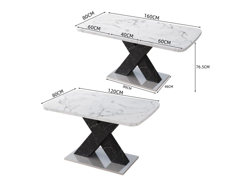 Table à manger extensible 120-160 x 80 cm, plateau mdf effet marbre blanc, piètement noir en x avec base métal, design moderne - Conforama E