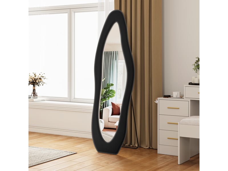  Miroir sur pied 160x50 cm noir,miroir décoratif ,ondulé irrégulier,grand miroir mural avec cadre en flanelle  - Conforama B