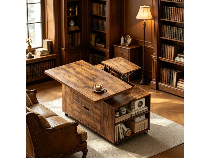  Table basse mobile à plateau relevable, roulettes verrouillables, bureau et petite table à manger  - Conforama D