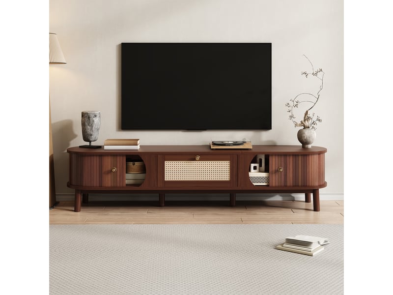  Meuble tv bas portes coulissantes 170x39.5x38cm rangement | style bohème bois massif et cannage en rotin | charge 50kg pieds bois - bois naturel  - Conforama B