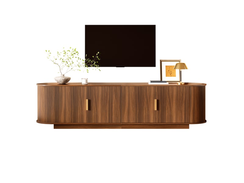  Meuble tv bas en noyer, avec quatre portes, structure ondulée, poignées métalliques, grand espace de rangement  - Conforama A