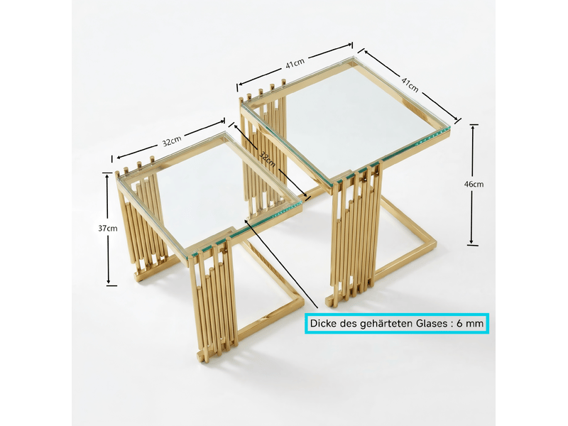  Tables d'appoint carrées ulevr lot de 2 en verre trempé transparent, structure en acier inoxydable doré, 41 x 41 x 46 cm et 32 x 32 x 37 cm  - Conforama C