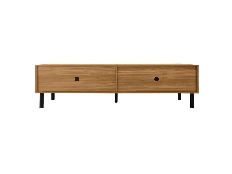  Meuble tv 170 cm noir et bois avec 4 portes rayées et pieds en bois massif  - Conforama D
