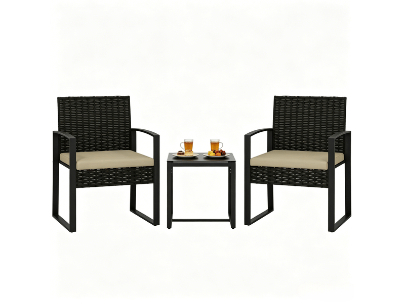 Salon de jardin 2 places avec table et 2 fauteuils, noir marron kaki, rotin pe acier, assises avec coussins - Conforama A