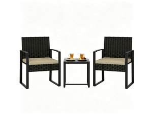 Salon de jardin 2 places avec table et 2 fauteuils, noir marron kaki, rotin pe acier, assises avec coussins