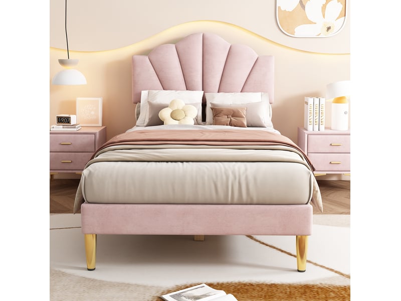 Lit 90x200 cm à tête de lit réglable, bois et métal, rose, sans matelas  - Conforama D