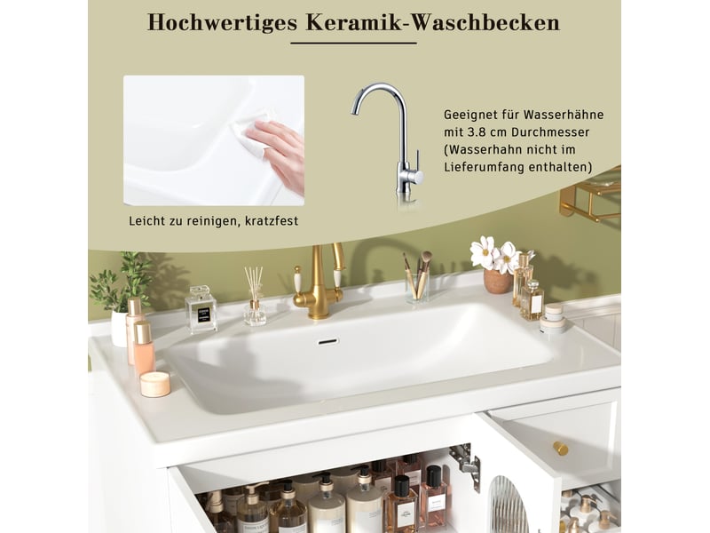  Meuble de salle de bain suspendu 80x50x58 cm, vasque, tiroirs, porte en verre ondulé, armoire de rangement, mdf blanc  - Conforama E