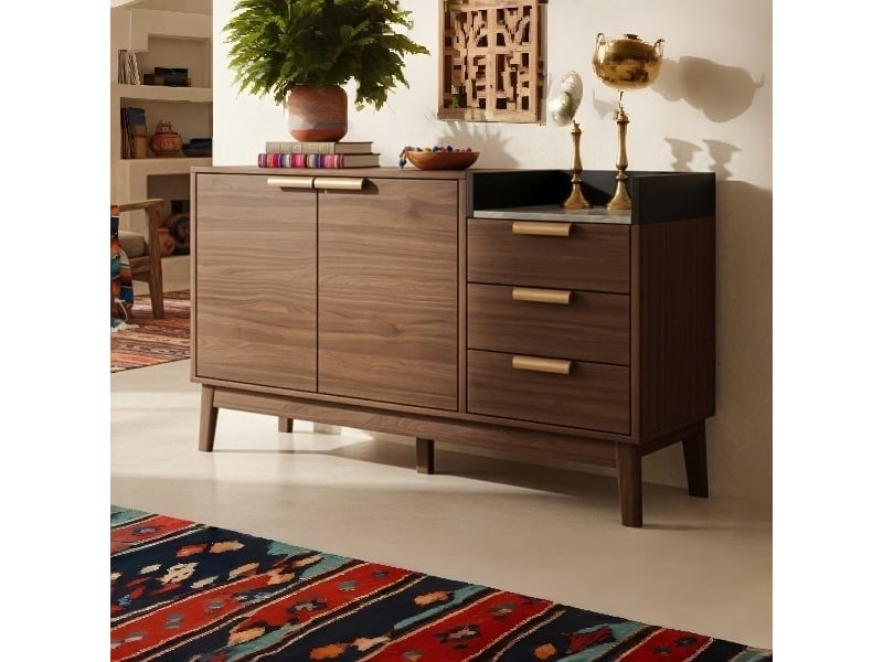  Commode à 3 tiroirs et 2 portes, 120 x 40 x 77 cm, niche ouverte et plateau effet marbre, effet chêne foncé  - Conforama D