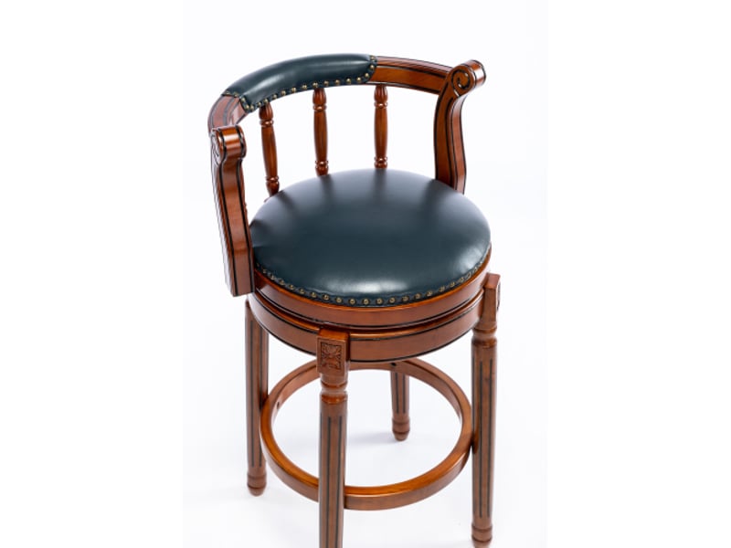 Tabouret de bar pivotant 360°, tabouret bleu avec dossier, pieds en bois, pour cuisine et bar, en cuir  - Conforama D