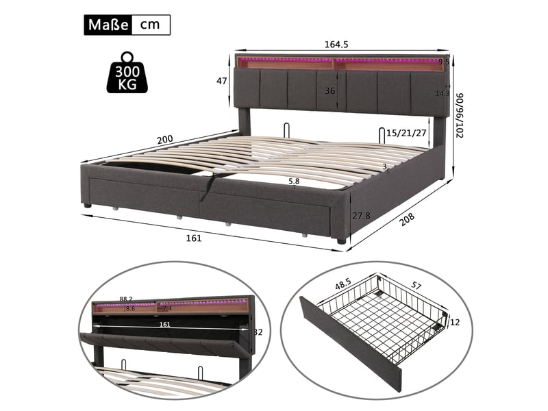  Lit rembourré 160x200 cm avec coffre de rangement hydraulique, tiroirs et compartiments de rangement, revêtement en lin gris, sans matelas  - Conforama C