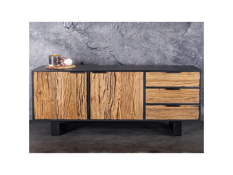  Buffet rafta 150 cm en bois massif de teck et manguier – 2 portes, 3 tiroirs et structure noire  - Conforama D