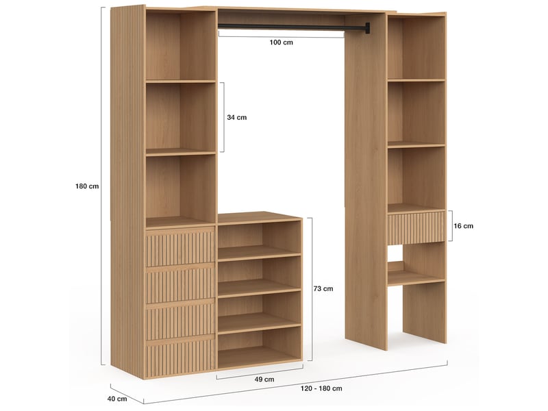 Dressing extensible double xxl juliette 120-180 cm effet lattes tasseau bois avec tiroirs + étagères + penderie - Conforama D