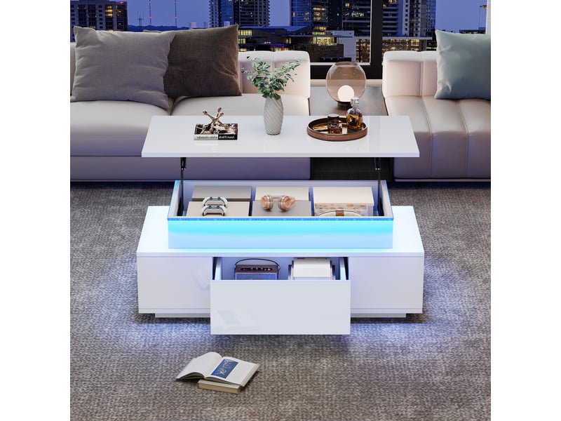  Table basse relevable blanche avec rangement caché, plateau hydraulique et éclairage led, 96x45x40cm  - Conforama R