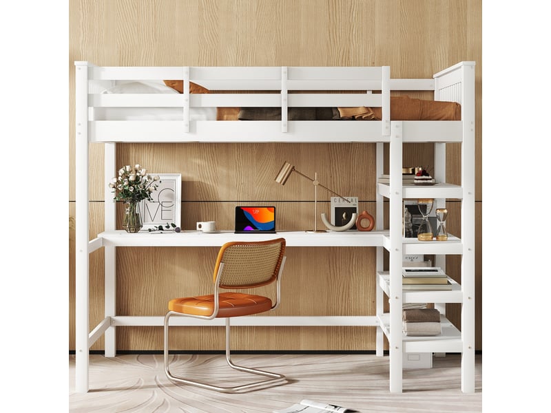  Lit mezzanine enfant 90 × 200 cm 1 place avec bureau et étagères, sans matelas, en pin et mdf, blanc  - Conforama B