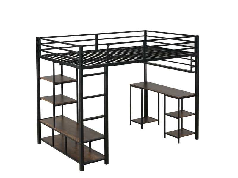 Lit mezzanine 120x200cm avec bureau, espace rangement, échelle, métal et bois, noir+noyer foncé, matelas non inclus - Conforama E