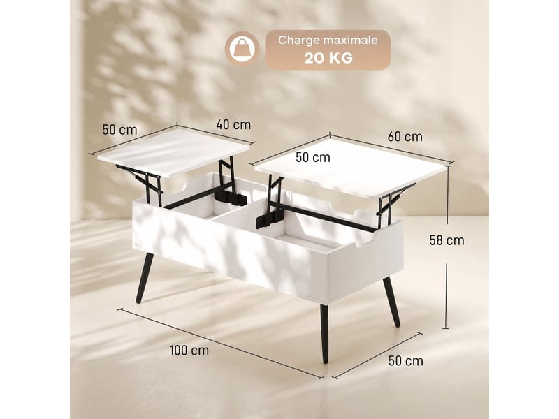  Table basse relevable avec rangement – plateau double – blanche – 100 x 50 cm  - Conforama D