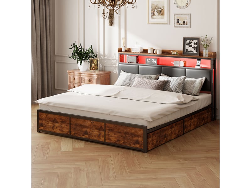  Lit double - 180x200cm-marron et noir - métal et pu avec led - cadre avec étagères et 2 tiroirs de rangement  - Conforama C