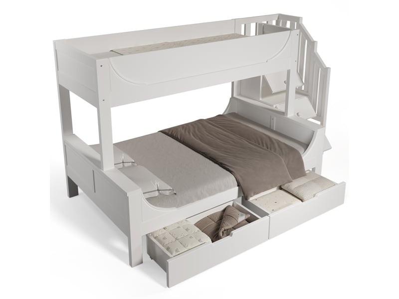  Lit superposé enfant 90x200 et 140x200 blanc avec tiroirs, forme traîneau, escalier de rangement et barrière de sécurité  - Conforama A