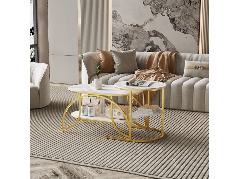  Table basse gigogne 8052cm blanc et doré - design moderne avec plateau effet marbre et double étagère de rangement  - Conforama D
