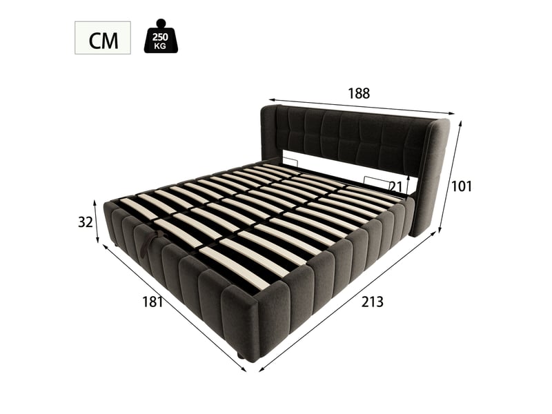 Lit coffre capitonné gris 180 x 200 cm avec sommier à lattes - Conforama E