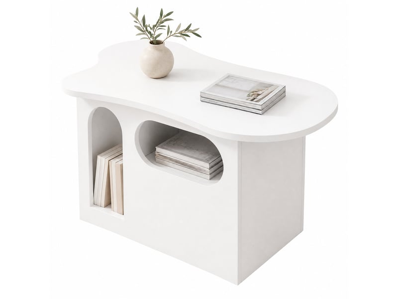  Table basse forme nuage avec 2 tiroirs et niches ouvertes, bords arrondis, pour salon, 97×45×43,5 cm  - Conforama A