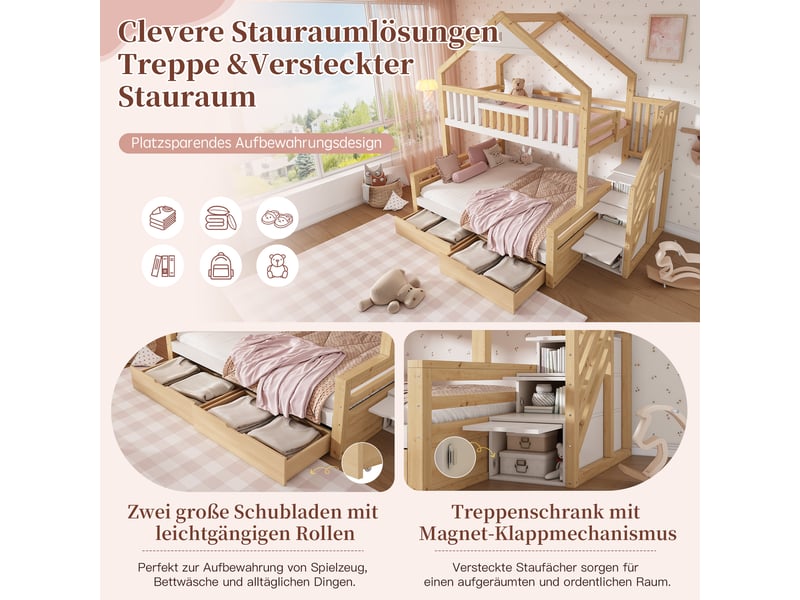 Lit superposé avec escalier et tiroirs, lits 90x200 et 140x200 cm - Conforama E